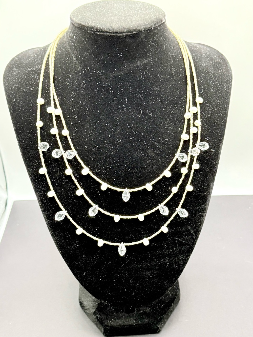 Delicate Gold Layered Pearl & Crystal Necklace